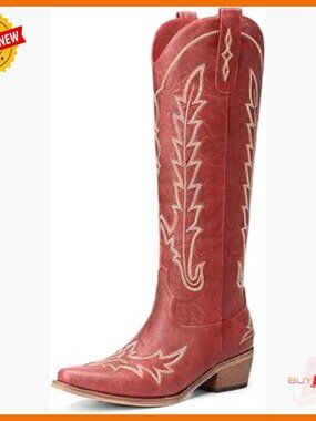 Knee High Western Cowgirl Boots Pointed Toe Chunky Heel Pull On Zipper